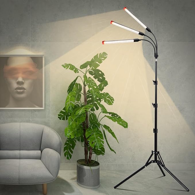 3Head Grow Light with Stand, 5-Mode Timer 4/8/12/16/20H, 27 Watt Power Home Plug LED Grow Lights for Indoor Plants for Tall Houseplants, Bonsai Tree, Seed Starting, 24"-64" Adjustable Height