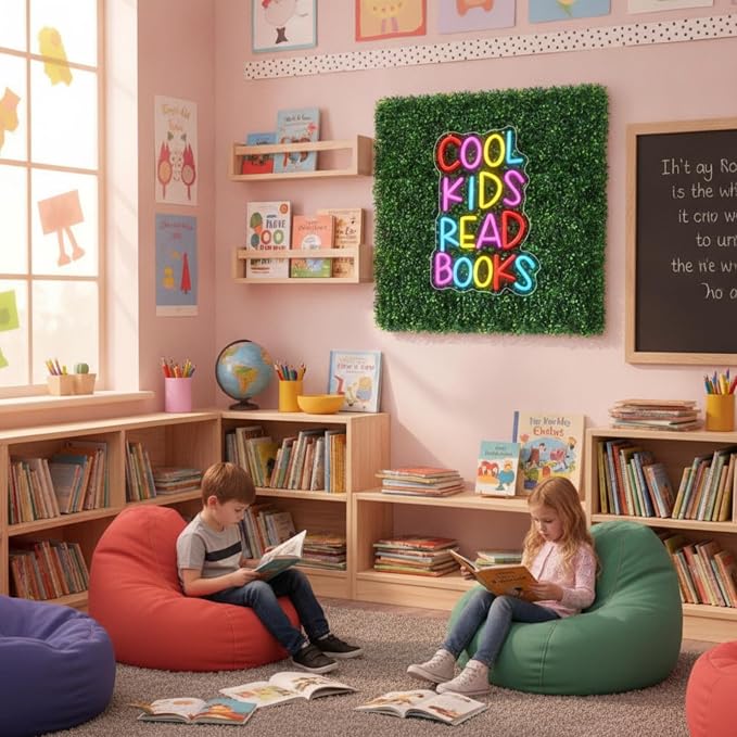 Thyle 10 Pcs Classroom Reading Corner Decorations Set Cool Kids Read Books | Neon Lights and 9 Pcs Artificial Grass Wall Panels Backdrop Decor for Back to School Library Teen Girls Bedroom