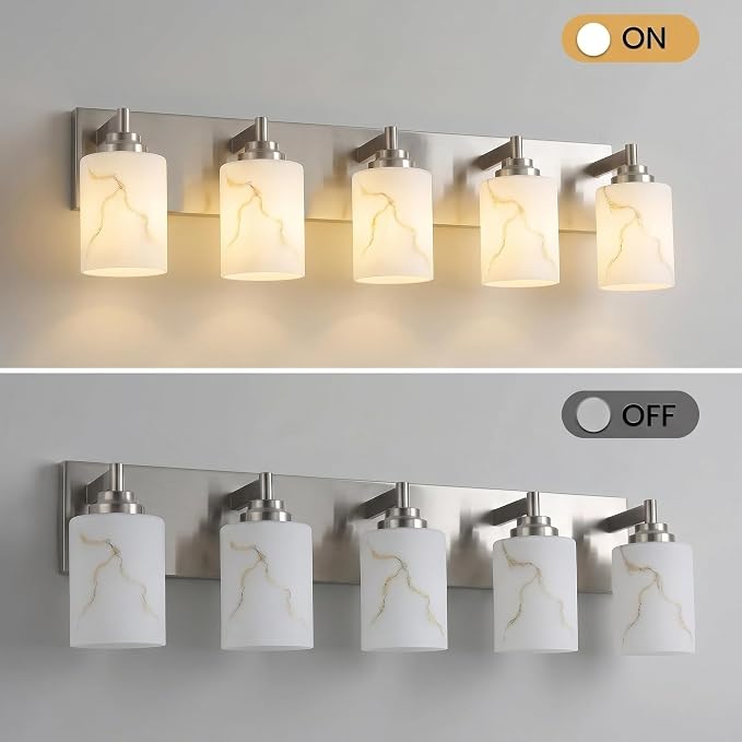 5-Light Bathroom Light Fixture, Brushed Nickel Modern Vanity Light with White Marble Glass Shade, for Bathroom Mirror, Living Room, Bedroom, Hallway, E26 Base, Extended Base