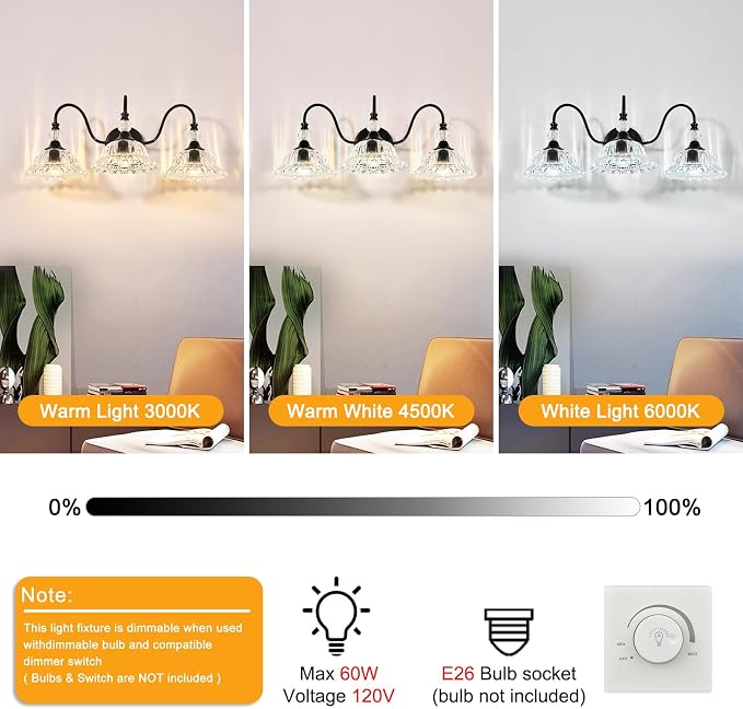 Vintage Bathroom Vanity Light Fixtures 3 Lights Matte Black Vanity Lights for Bathroom with Floral Crystal Glass Shades Wall Lighting Fixtures Over Mirror(Exclude E26 Bulb)