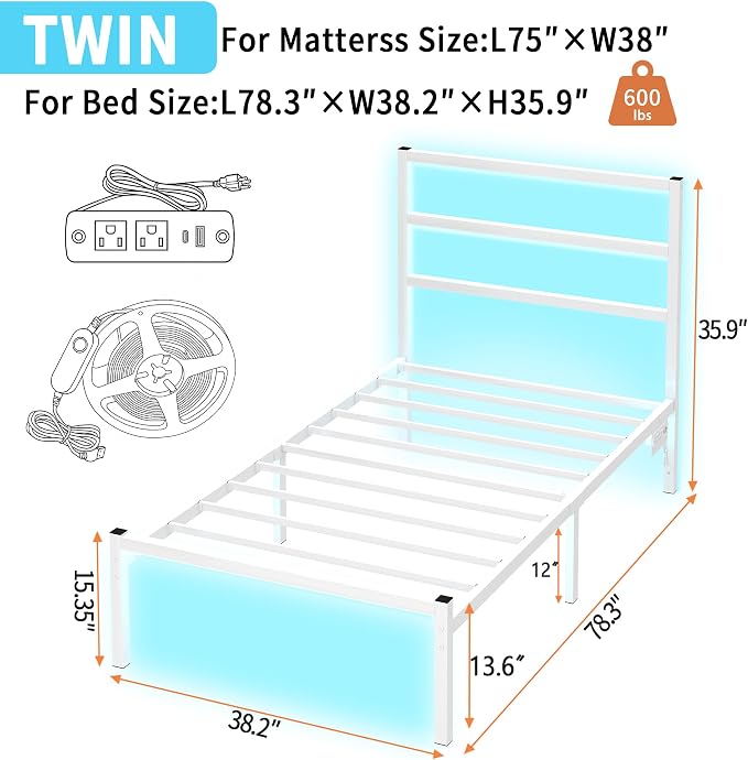 CLIBFENG Twin Bed Frame with Headboard,Heavy Duty Steel Slats Support-LED Bed Frame with USB Charging Station,Mattress Foundation-Under Bed Storage,No Box Spring Needed,Noise Free,White