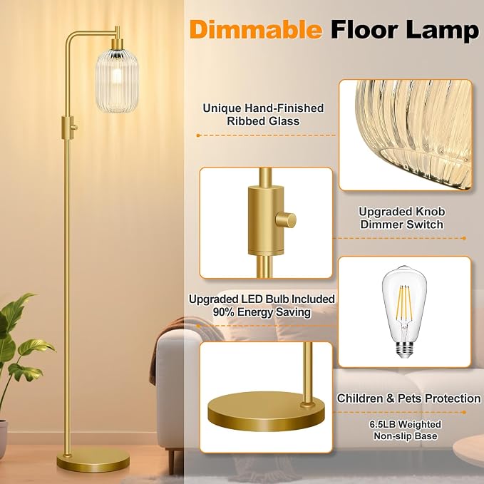 【Upgraded】 Dimmable Floor Lamp for Living Room with Clear Ribbed Glass Lampshade, Gold Modern Floor Lamp with 900LM LED Bulb Included, Arc Standing Tall Lamp for Bedroom, Office, Reading Room, Corner