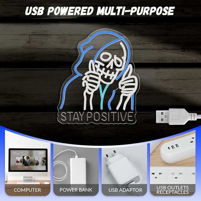 STAY POSITIVE Neon Sign Wall Decor, Motivational Skeleton‌ Lights up, Inspirational LED Sign Halloween Party Decorations for Man Beer Bar Man Cave Pub Garage Workshop