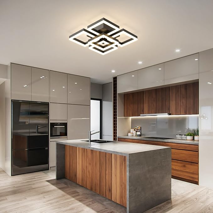 GEADI Modern 5-Square LED Ceiling Light, 64W Black Flush Mount | Dimmable Ceiling Lamp with Remote Control, 3000K-6500K, 17.7in Acrylic Chandelier for Living Room, Bedroom and Office