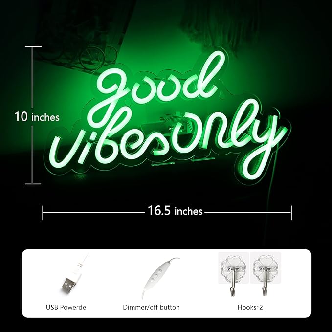 JFLLamp Good Vibes Only Neon Signs for Wall Decor Neon Lights Led Signs Suitable for Living Beer Bar Game Room Hotel Birthday Party Restaurant Christmas Unique Gift for Lover, 16.5 * 10 Inch(Green)