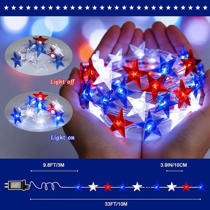 Red White and Blue Patriotic String Lights, 33FT 100 LED Plug in Fairy Lights with 16 Lighting Modes & Timer, 4th of July Decorations for Independence Day Memorial Day Home Garden Decor
