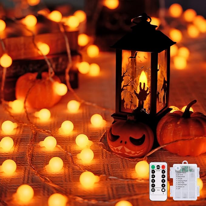 JMEXSUSS 100 LED Globe Orange Halloween Lights Battery Operated | 33ft 8 Modes Indoor Christmas Lights with Remote, Battery Powered Orange Lights Outdoor for Room Bedroom Party Patio Yard