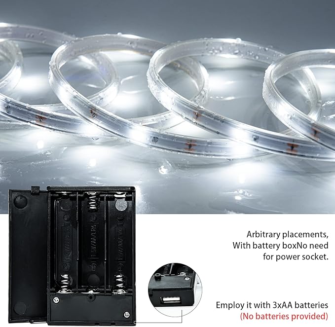 LED Rope Lights Outdoor Waterproof Battery Led Strip Lights, 16.4ft Flexible White Led Strip Lights Battery Powered Brighter Battery Powered White Lights for Camp Party Bedroom TV