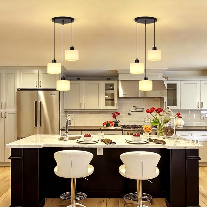 3-Light Pendant Lighting, Black Dining Room Chandelier Light Fixture Over Table with Milk Glass, Modern Cluster Hanging Lights for Kitchen Island Dining Room Sink, OS-YQ8153-3BKW