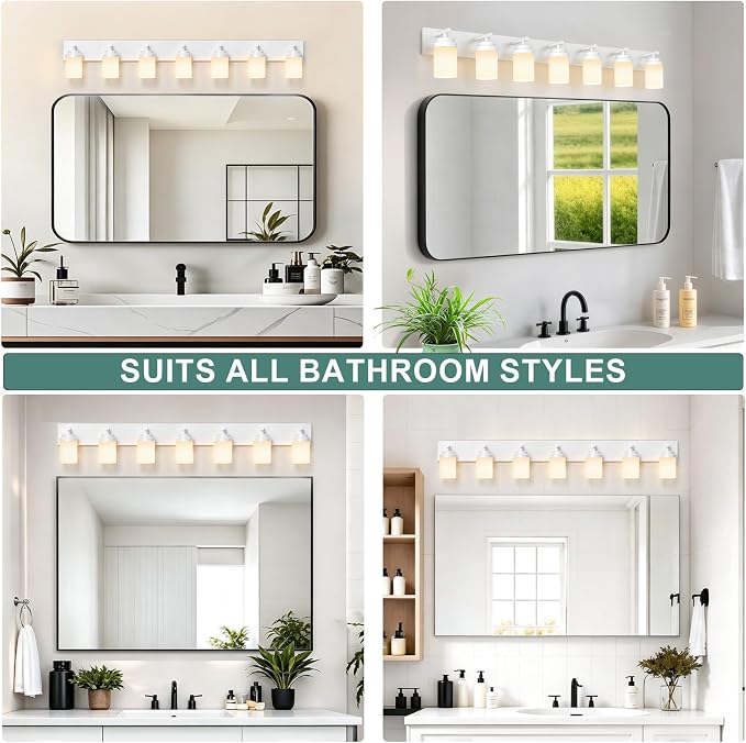 IZORRO Bathroom Vanity Light Fixture, 7-Light 52 inch White Bathroom Light Fixtures Over Mirror, with White Glass Shade, Modern Farmhouse Vanity Lights, Rustic Restroom Lighting Fixtures