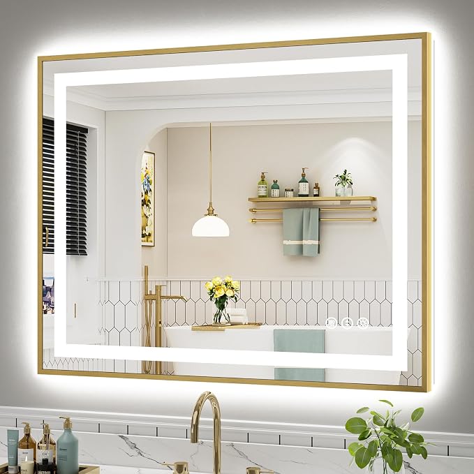 44x36 Inch LED Bathroom Mirror with Gold Frame, Backlit & Front Lit | Anti-fog, 3 Color Dimmable, Memory Function, HD Reflection Tempered Glass, ETL Listed, IP54 Waterproof