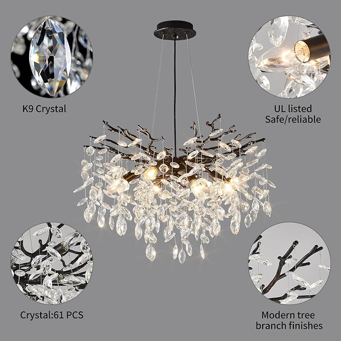EGM Black 24 Inch Tree Branch Crystal Chandelier, Modern Raindrop Crystal Ceiling Light Fixtures 8-Light(E12), Hanging Round Chandeliers for Dining Room Living Room Bedroom Foyer