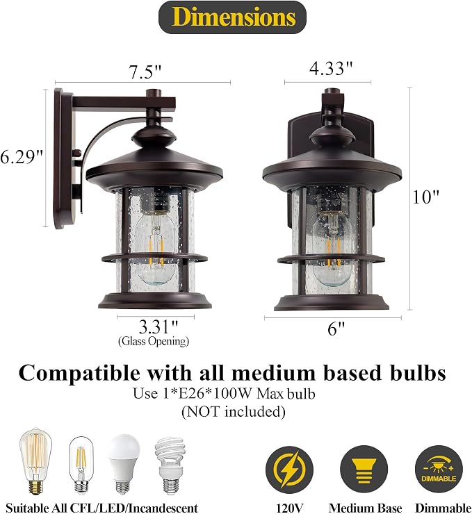 MICSIU 100W Max Vintage Farmhouse Oil Rubbed Bronze Outdoor Wall Light | 10 Inch Metal Exterior Sconce 1 Pack, Clear Seedy Glass Outsize Porch Light for Entryway, Garage, Bathroom