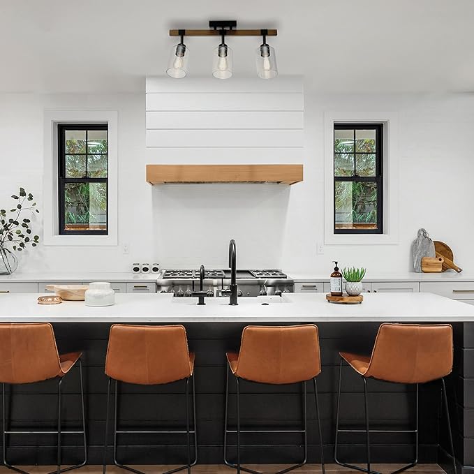 Globe Electric Austin 3-Light Faux Wood Track Lighting with Matte Black Accents and Clear Glass Shades