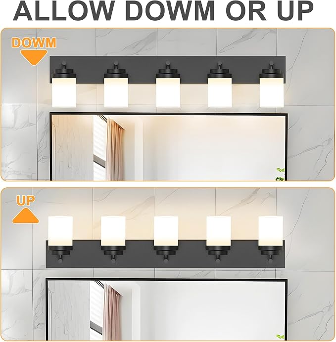IZORRO Bathroom Vanity Light Fixture, 5-Light 36 Inch Matte Black Bathroom Light Fixtures Over Mirror, with White Glass Shade, Modern Farmhouse Vanity Lights, Rustic Restroom Lighting Fixtures