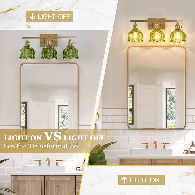 3-Light Vintage Bathroom Vanity Light, 19.4" Brass Hardwired Wall Sconce with Amber Tulip Glass Shades, Brushed Gold Vanity Light for Mirror, Restroom, Bedroom (Green, 3-Light)
