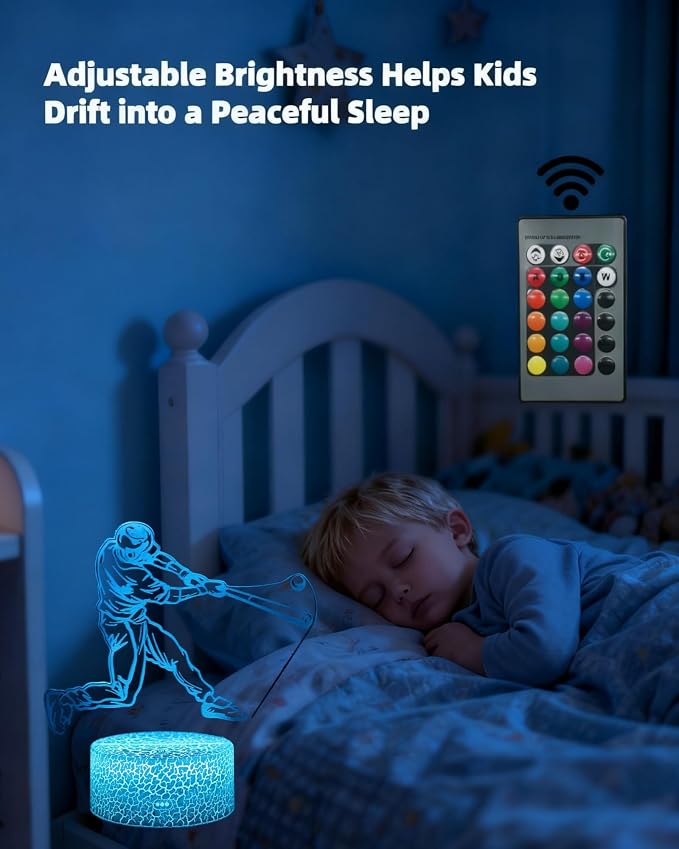Baseball 3D Illusion Night Light, 3 Patterns, Lamp Gift for Kid | 16 Colors Changing, Dimmable, Touch & Remote Control, Boy Girl Bedroom Room Décor, Birthday Christmas Toy Teen Sports Fan