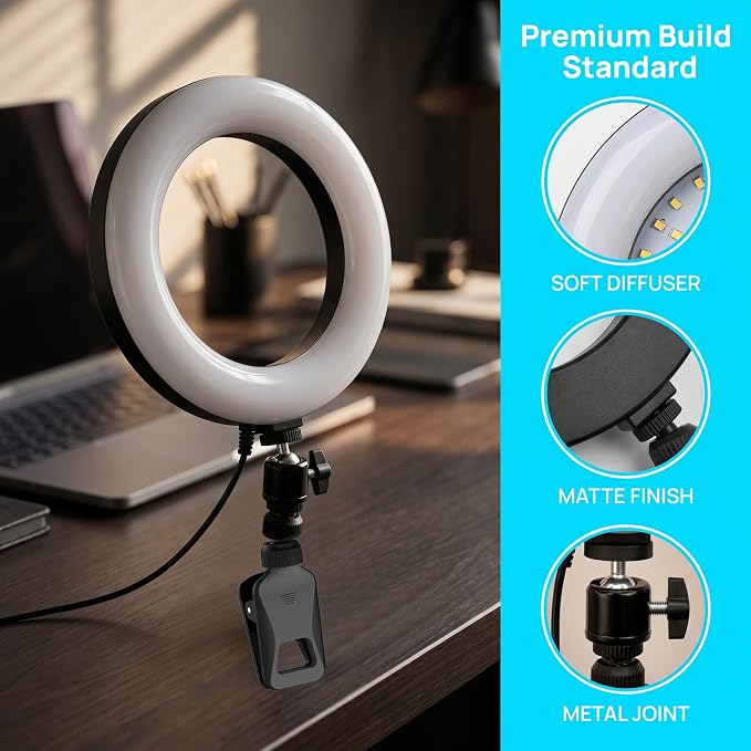 6" Ring Light with Desk Tripod Stand and Clip | Video Conference Lighting, Monitor Laptop Computer Compatible, Zoom Call Live Streaming, Remote Working Learning
