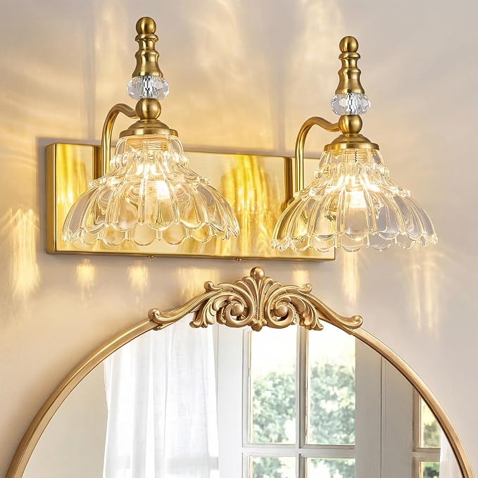 Vintage Bathroom Vanity Light, 2-Light Gold Vanity Lighting Fixture with Flower Glass Shade, Bathroom Lighting Fixtures Over Mirror