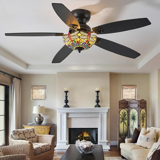 Tiffany Ceiling Fans with Lights-52"Ceiling Fan Chandelier and Glass Shade | 52" Ceiling Fan Chandelier with 5 Dual-Blades and Glass Shade, 6 Speeds and Reversible, Indoor and Outdoor, Retro Style