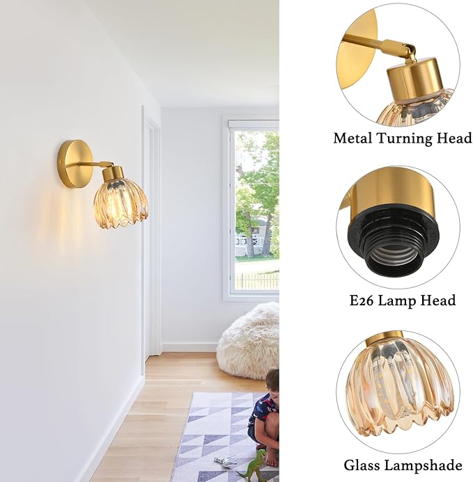 Wall Sconces Vintage Fixture Light, Vanity Lights for Bathroom, Modern Wall Light Fixtures, Metal Sconces Wall Lighting with Glass Shade, Farmhouse Wall Lamp for Bedroom Living Room