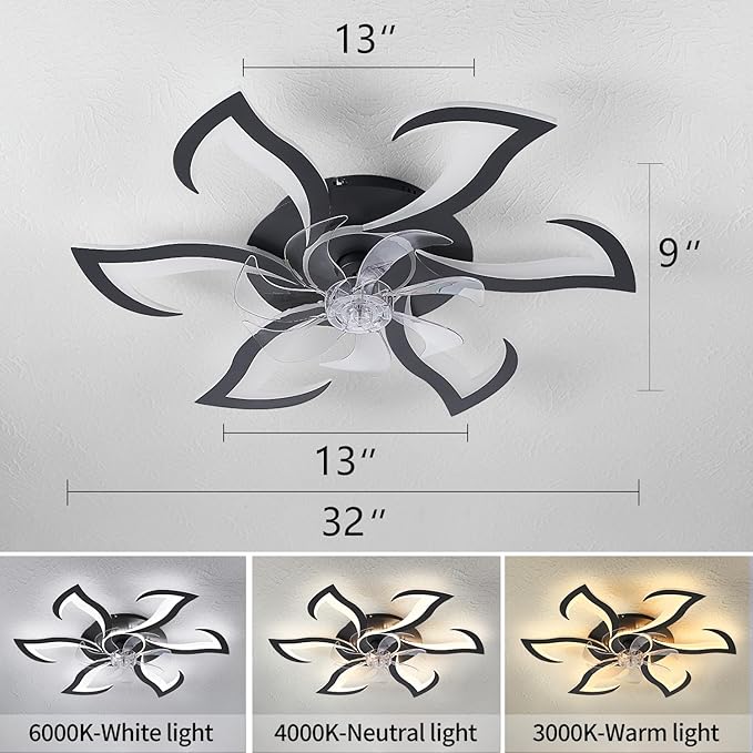 Modern Ceiling Fan with Lights and Remote Control, 32" Black Flush Mount Fan with 3 Light Colors, 6 Speeds, Low Profile for Kitchen and Bedroom