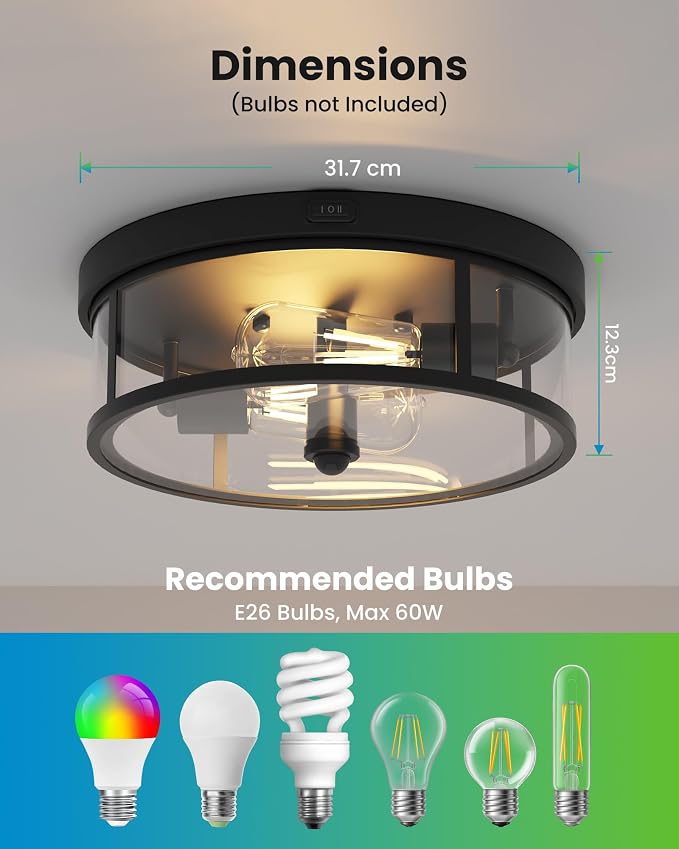 Outdoor Flush Mount Ceiling Light - 12.5in Motion Sensor Porch Light, 2-Light E26 Socket, Durable Iron & Clear Glass, Light Fixtures for Porch, Driveway, Covered Patio, Farmhouse
