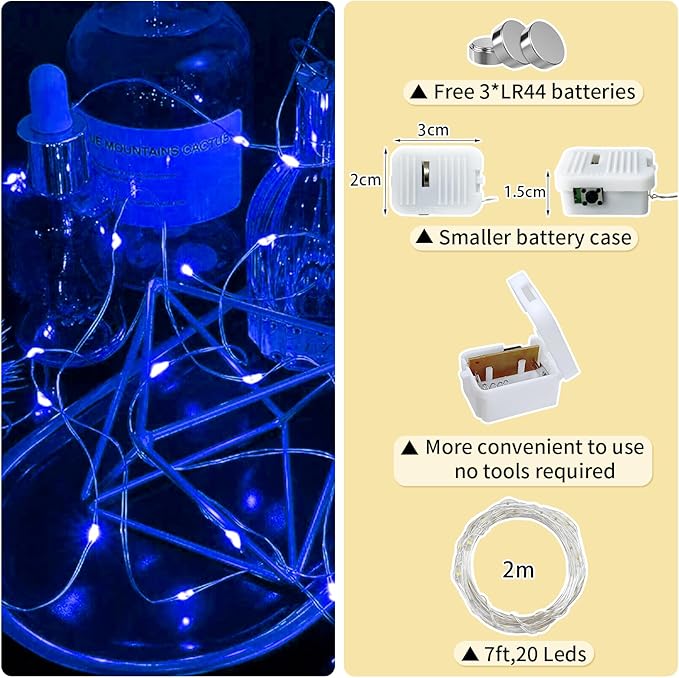 8 Pack Blue Fairy Lights Battery Operated, 7ft 20 LED Mini String Twinkle Lights for Easter Christmas Halloween Mason Jars Centerpiece Table Decorations (8, Blue)