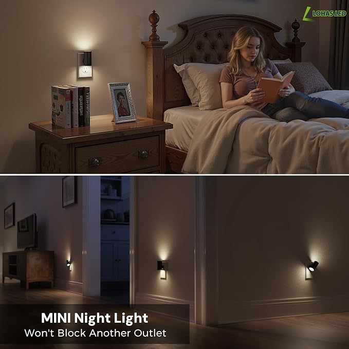 L LOHAS LED Bright Night Lights Plug into Wall,Daylight White,Rotating,Mini | Dimmable Nightlight Plug in, Light Sensor Night Light, LED Nightlights, Hallway Bedroom Bathroom Kitchen,[Black Shade,2 Pack]