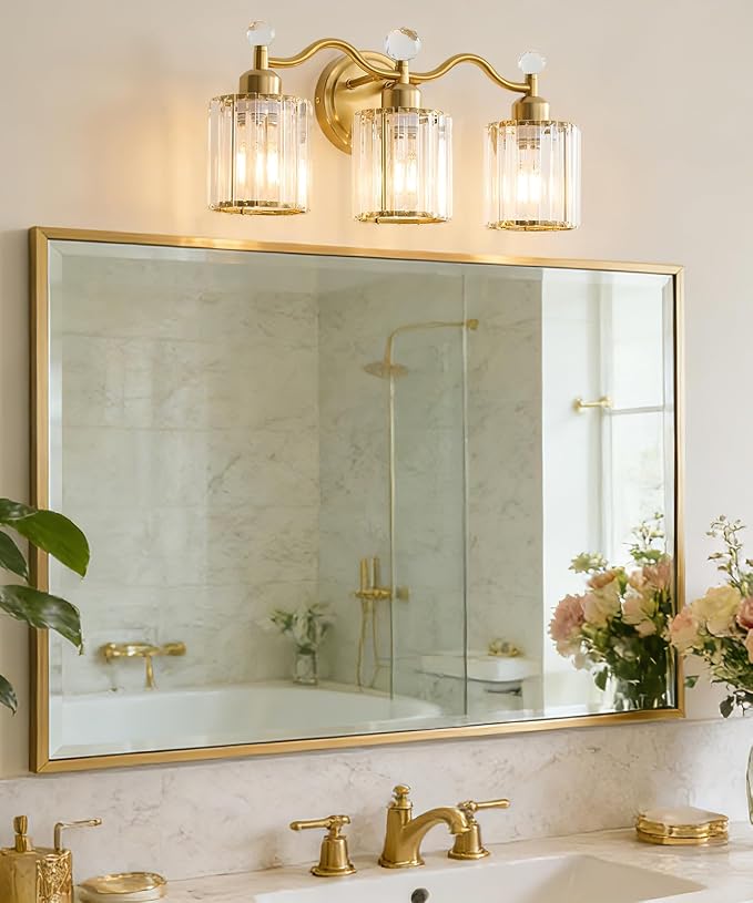 Gold Bathroom Vanity Light Fixtures 3-lights,Crystal Vanity Lights for Bath, Bathroom Lights Fixture with Clear Crystal Glass Shade, Modern Wall Light over Mirror, Wall Sconces Light for Hallway