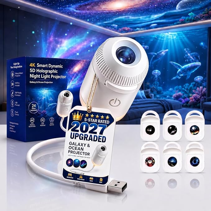 Galaxy Projector Night Light, 2-in-1 Holographic Star 5d Ocean Projector Plug and Play hd Star Smart Dynamic Ceiling Projectors Lamp 360° Space Starry Sky USB Projection