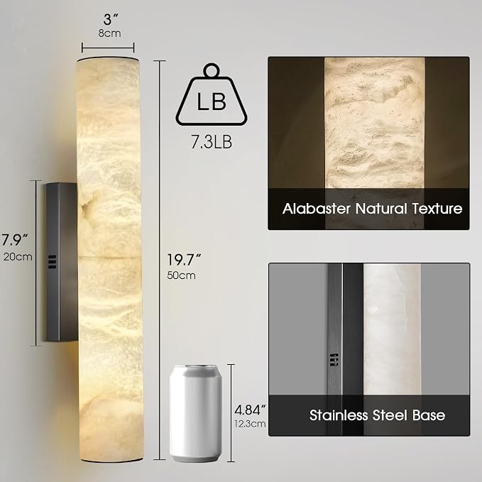 20" Natural Alabaster Wall Sconce, Modern Black Marble Wall Light Dimmable | Spanish Alabaster, Vanity Light, 3000K Warm White Light, Tube, Hardwired, Stone, for Bathroom/Bedroom/Living Room, 1PC