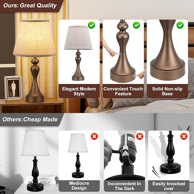 Touch Lamps for Nightstand, 3 Way Dimmable Bedside Lamps with USB C+A Ports | Touch Control, LED Bulb Included, Small Brown Table Lamp for Bedroom, Night Stands, End Table, Gift，Corded，Beige Shade