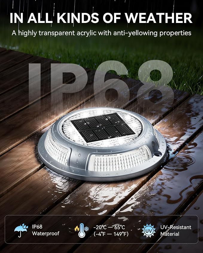 Solar Driveway Lights, 2 Pack Heavy Duty Driveway Lights Solar Powered 2 Color Mode (Cool/Warm White) IP68 Waterproof Outdoor Solar Deck Lights with Ground Stake for Pathway Garden Yard Walkway Dock