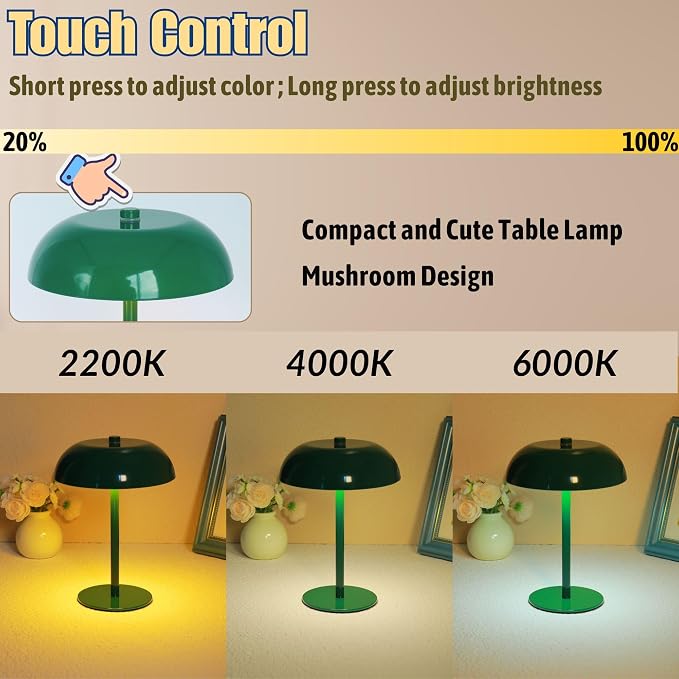 Portable LED Table Lamp, Cordless Dimmable Touch Table Light, Rechargeable Battery Operated Small Lamp with 3 Colors and Brightness Control for Bedroom/Patio/Bar/Coffee Shop (Green)