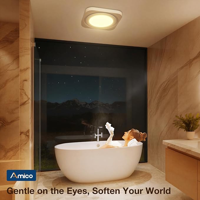 Amico Bathroom Exhaust Fan with Light, 80 CFM, 1.0 Sones, 1400LM, 3CCT | Ceiling Opening 7.6'' x 7.3'', Easy Install & Very Quiet, Ceiling Mount Shower Bathroom Fan with light, FCC Certified