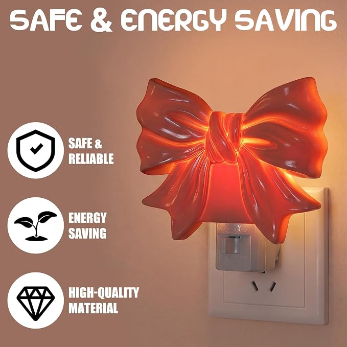 2 Pcs Bow Night Light 3D Wall Nightlight with Manual On/Off Switch Dusk to Dawn Sensor Decorative LED Night Lamp for Bedroom Bathroom Hallway Kids Room Home Decor