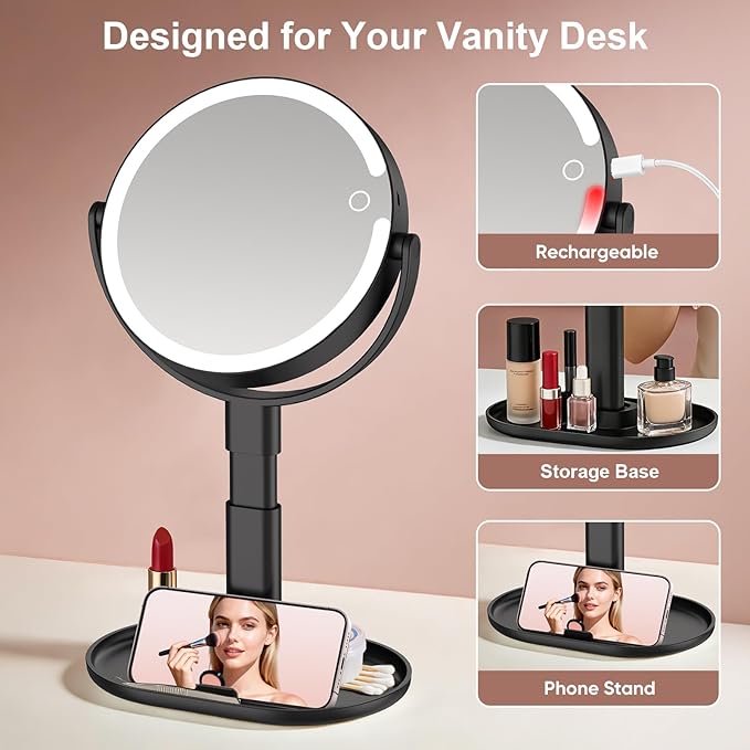 Lighted Makeup Mirror with 10X Magnification, Rechargeable LED Magnifying Vanity Mirror with 3 Lights, Adjustable Height, Storage Base and Phone Holder, Black, 8 inch