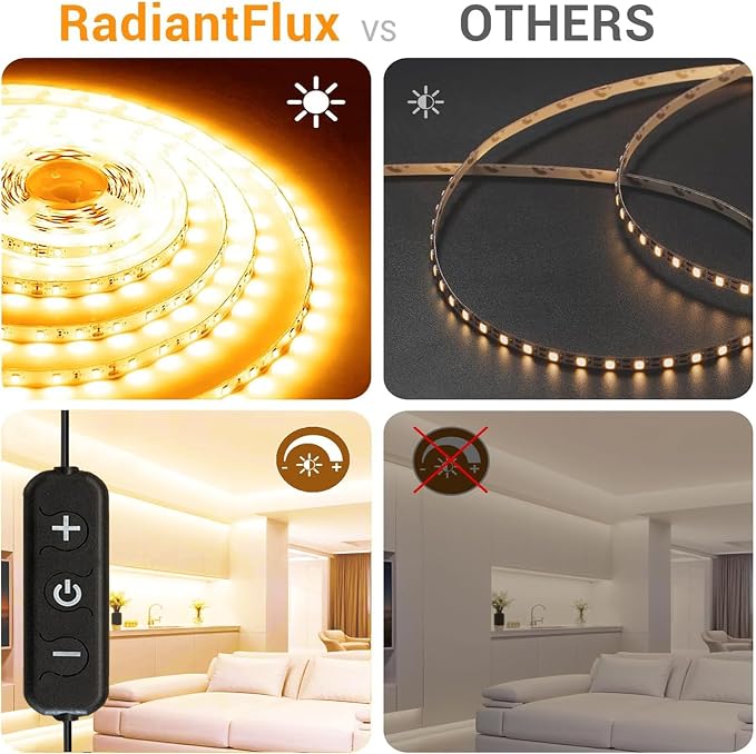 RadiantFlux Warm White LED Strip Lights, 2 Sets 65ft Flexible Ambient Lighting, 1200 LEDs for Cabinet, Shelves, Living Room, Study, Wardrobe & Ideal House Warming Gifts