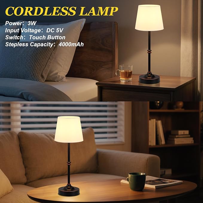 Kakanuo Rechargeable Cordless Table Lamp Antique Black - 1 Pack 4000mAh Battery Operated Lamp, 3000K Warm Light, Touch Control Stepless Dimming, for Bedside, Dining Table, Home Decor