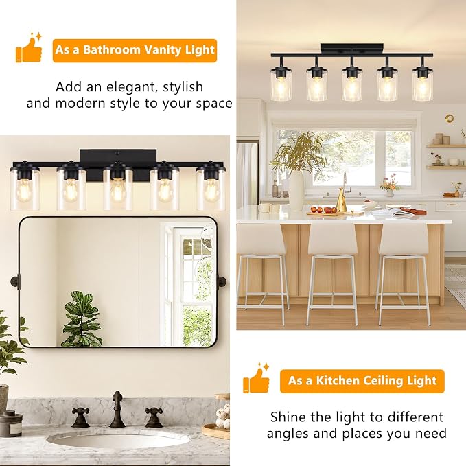 FadimiKoo 5-Lights Black Semi Flush Mount Ceiling Light Fixtures, Modern Clear Glass Shade Farmhouse Kitchen Ceiling Lamp, Adjustable Rotatable Vanity Light Fixture for Hallway Entryway Dining Room