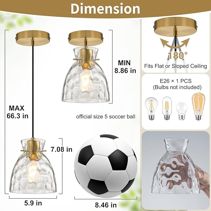 Black Gold Pendant Lights Kitchen Island 2 Pack, Small Brushed Brass Hammered Glass Pendant Light Fixtures, Adjustable Modern Hanging Lights Kitchen Pendant Lighting over Sink Bathroom Dining Room