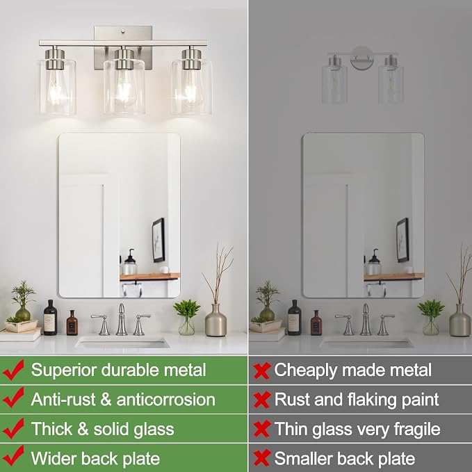 3-Light Bathroom Light Fixtures, Brushed Nickel Vanity Lights, Bathroom Lighting with Clear Glass Shade, Vanity Lighting fixtures for Mirror Kitchen Bedroom Hallway Living Room