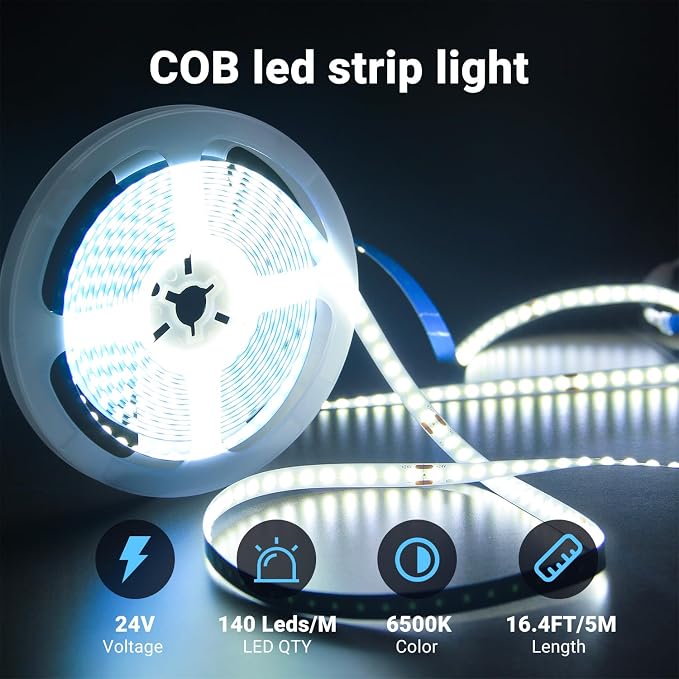DAYBETTER COB LED Strip Light Daylight White, 32.8 ft Dimmable 6500K Super Bright White Led Lights, 24V Flexible LED Tape Light for Bedroom, Kitchen, DIY Lighting