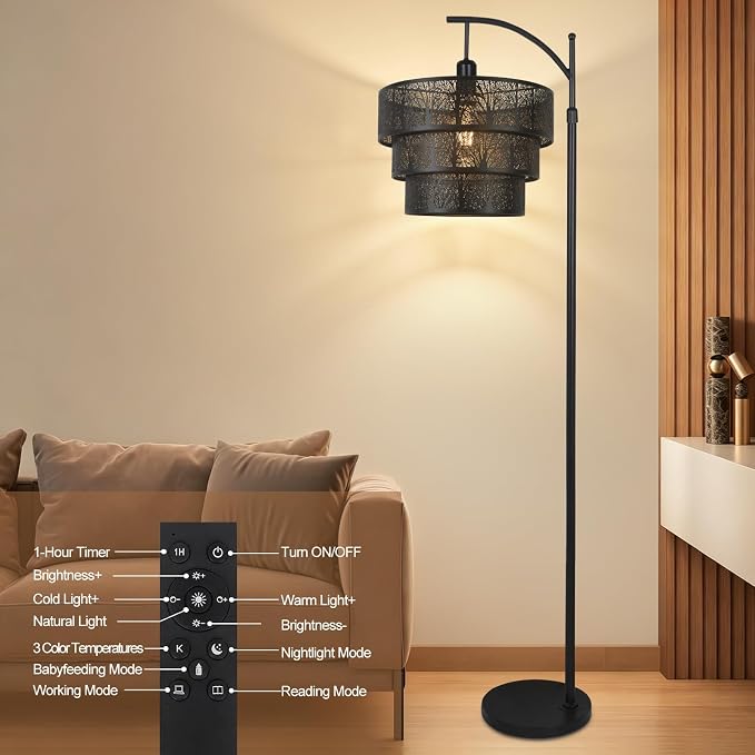AHDWDW Arc Floor Lamp for Living Room Bedroom,Mid-Century Modern Floor Lamps with Remote,Black Dimmable Standing Tall Lamp for Corner Office,3-Tier Drum Metal Lampshade with Forest Tree Design