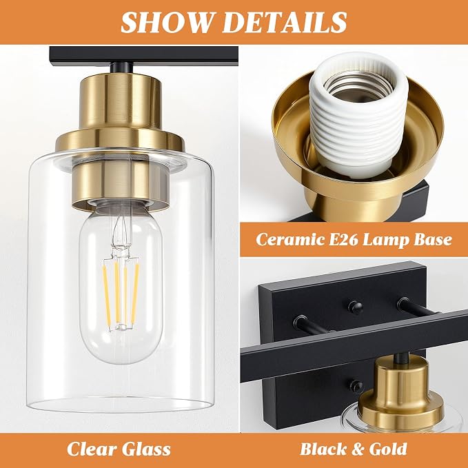 3-Light Bathroom Light Fixtures,Black and Gold Vanity Lights 17" | Modern Wall Sconce Lighting,Vanity Light Over Mirror with Clear Glass Shade,Farmhous Wall Mounted for Bathroom,E26 Base