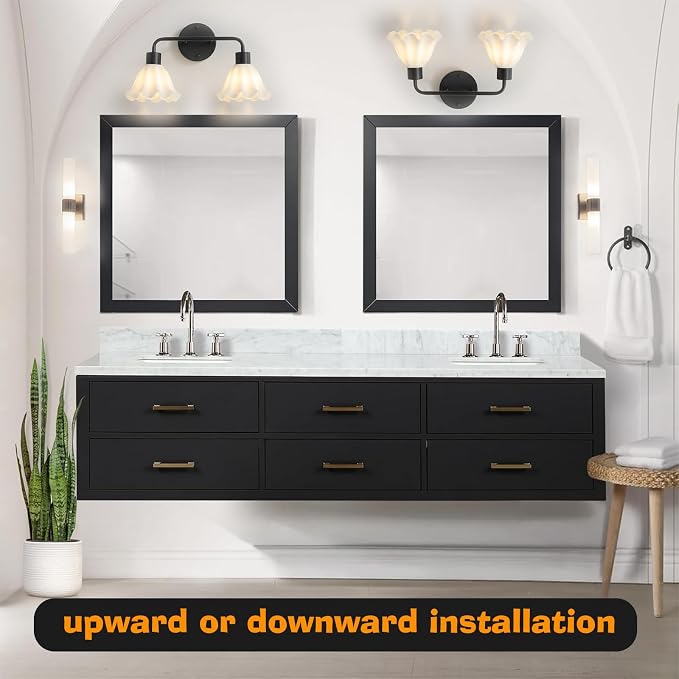3 Light Black Bathroom Light Fixture,Modern Black Vanity Lighting Over Mirror,Cute White Glass Flower Lampshade,Wall Sconces,E26 Socket(Bulbs Not Included)