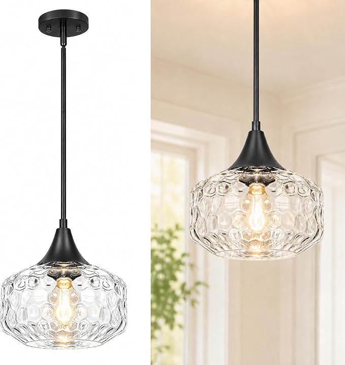 DSMJFU Black Pendant Lights Kitchen Island with Hammered Glass Over Table | 2-in-1 pendant & ceiling light; height adjustable; 90° rotation; adaptable different ceiling types;above kitchen sink light
