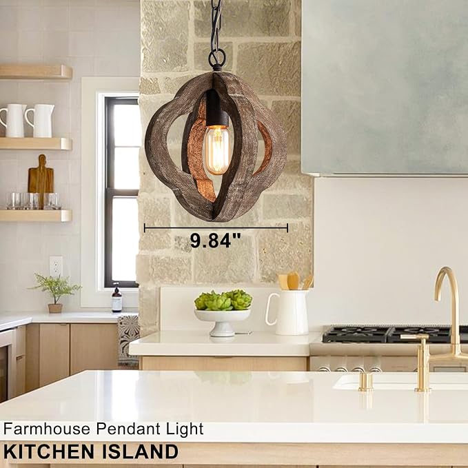 10" Small Farmhouse Wood Oak Pendant Light for Kitchen Island Over Sink | Distressed Oak, Rustic Country Style, Rust-Brown Finish, Orb Shape, E26 1-Light, Ajustable Height
