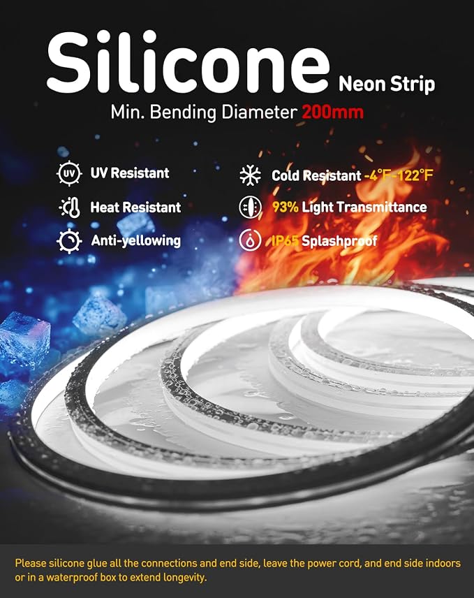 3D LED Neon Rope Light AC 120V 10x10mm, 6000K Cool White,50ft | Top & Side Bend, 400LM, Dotless, Driverless, IP65 Waterproof, Cold-Resistant, ETL Listed, Silicone Strip, for Home Commercial